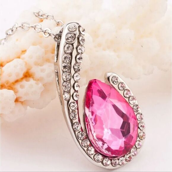 Pink Crystal Tear Drop Diamond Necklace - Picture 2 of 4